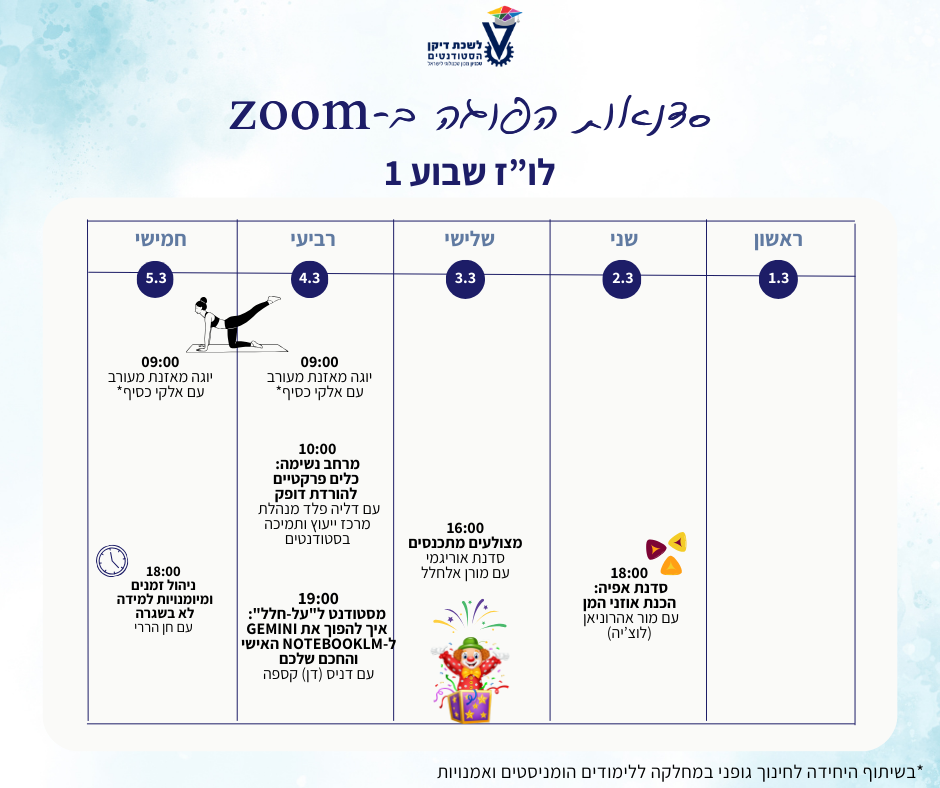 לוז סדנאות הפוגה בשבוע בין 2.3.26 ל 5.3.26.